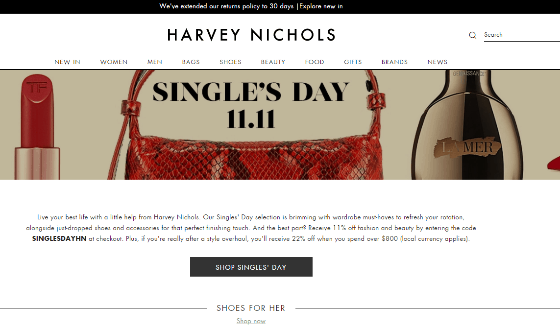 Harvey Nichols折扣代碼2024-harveynichols雙十一全場時尚類78折促銷/美妝類89折促銷切換美國站點定價更低